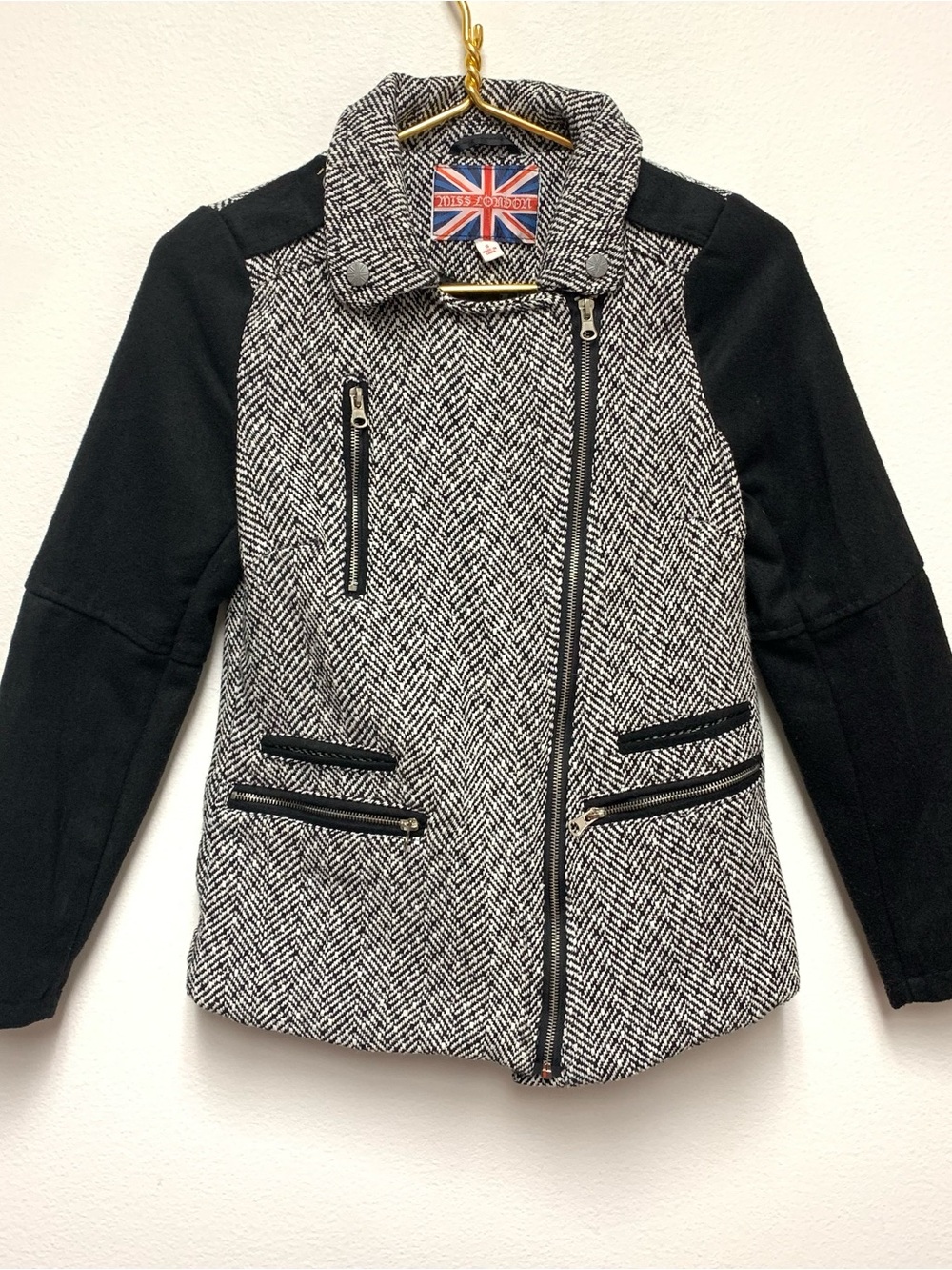 Miss London Y2K Herringbone Tweed Wool Blend Moto Coat Jacket Size Small